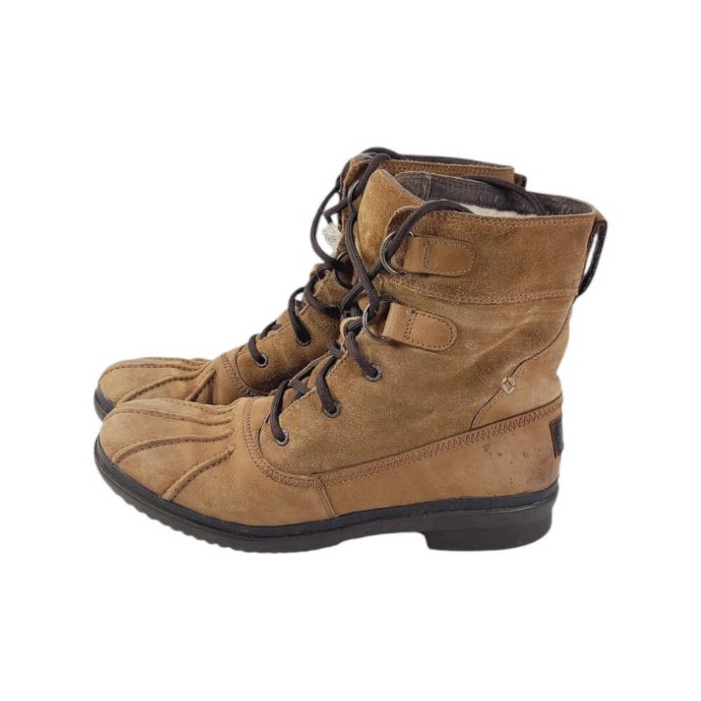 UGG Women's Brown Azaria Leather Lace Up Winter Ankle Duck Boots Size 9.5‎